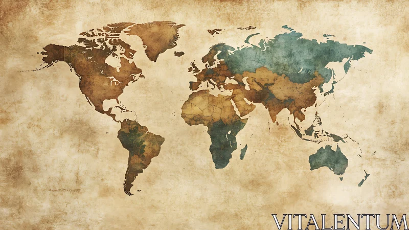 Weathered world map in earthy tones for gentle wanderers.