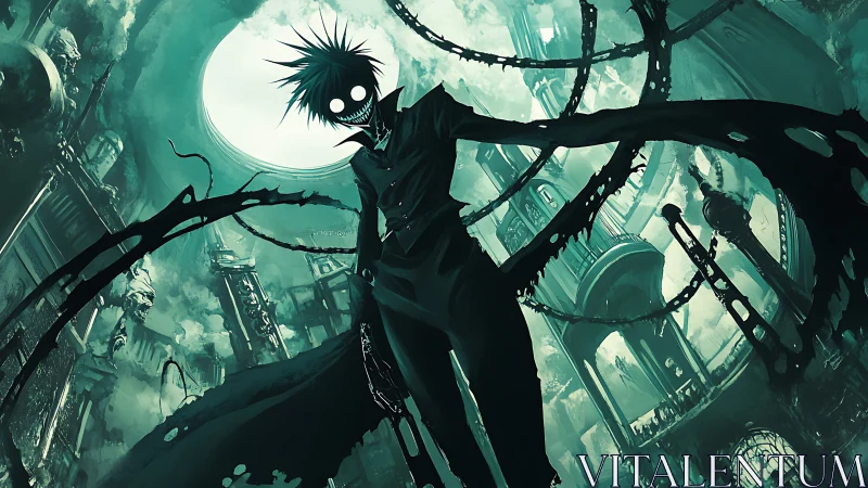 Sinister shadow figure dominates decayed teal cathedral