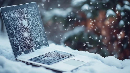 Laptop under heavy snowfall shows severe cold-weather exposure
