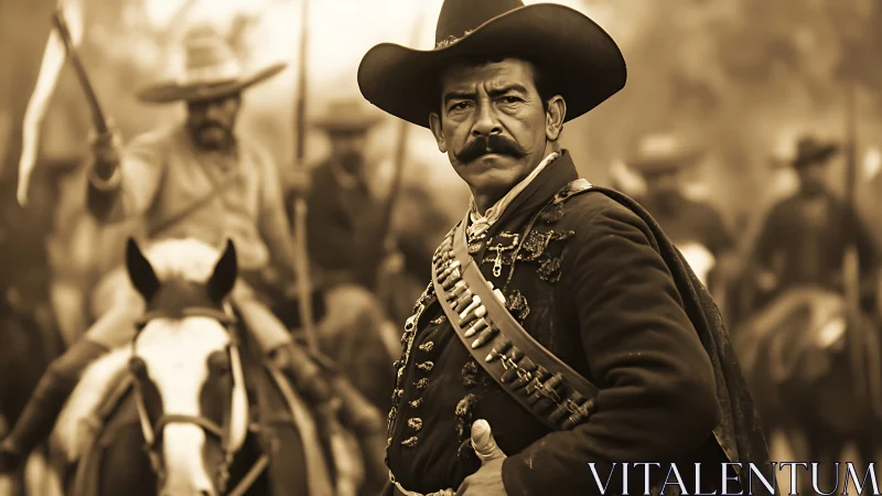 Sepia-soaked revolutionary rider guarding the dusty dawn.