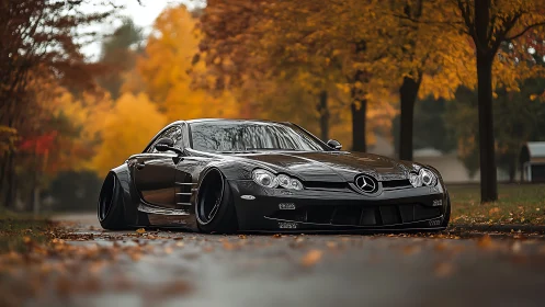 Lowered black sports coupe contrasts with soft autumn foliage