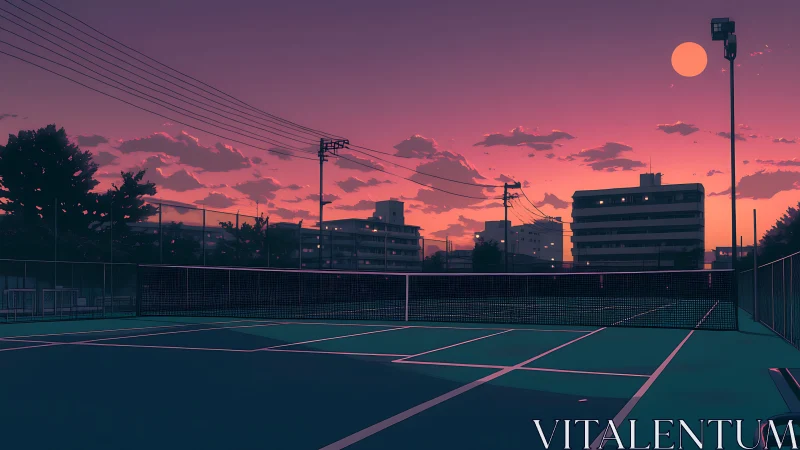 Empty urban tennis court rendered under magenta twilight sky