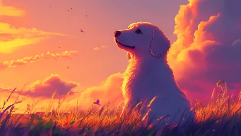 Golden dog sits in backlit field under vivid sunset sky