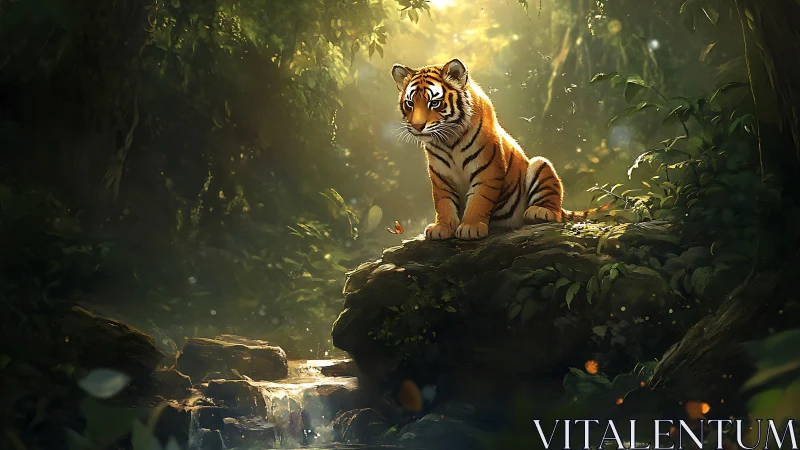 Young tiger cub watches butterfly over sunlit jungle stream