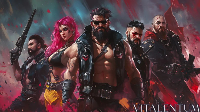 Paramilitary synth-punk squad in high-energy stance composition.