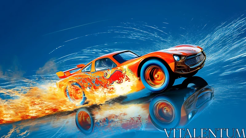 Blazing orange race car rockets forward in a trail of fire