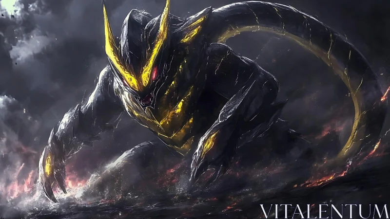 Massive serpentine armored creature emerges in storm landscape