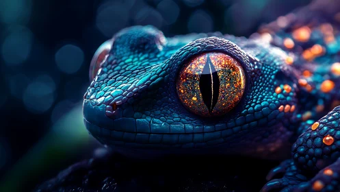 Star-forged gecko gaze under neon forest midnight sky.