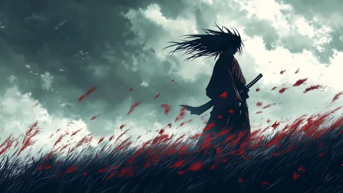 Lone samurai in stormy crimson field of restless grass.