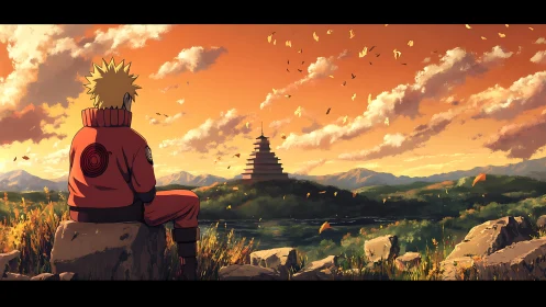 Anime figure observing pagoda landscape at orange sunset.