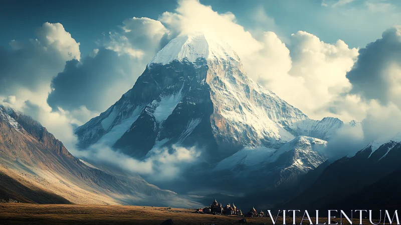 Sunlit mountain giant watching over a hidden valley village.