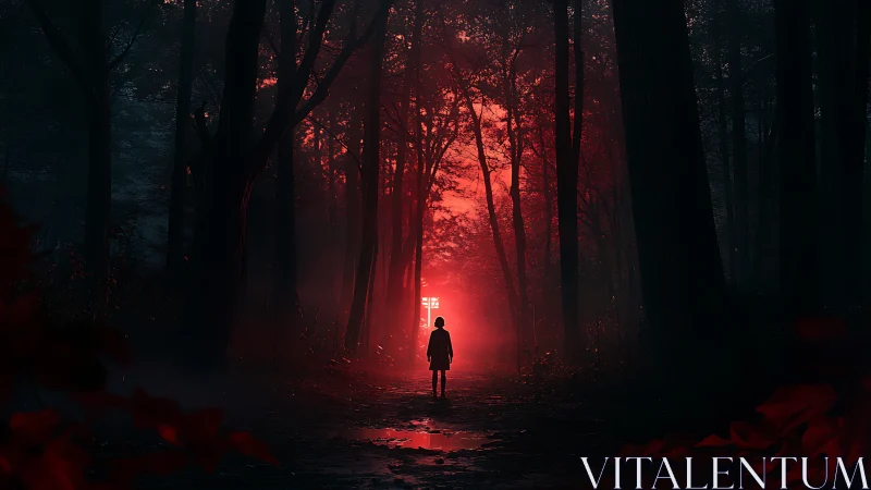 Silhouetted figure stands on forest path before red backlight