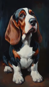 Basset hound portrait with detailed fur and long ears.