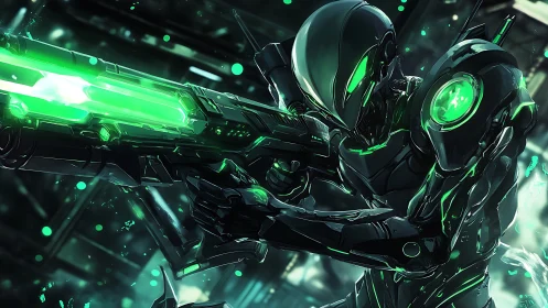 Chromatic exosuit marksman with phased plasma accelerator poised.