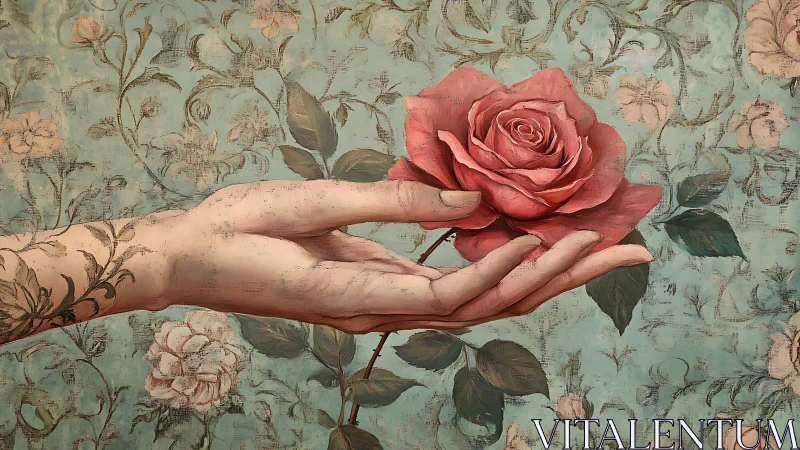 Delicate tattooed hand cradling a rose on floral teal backdrop.