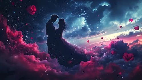 Silhouetted Couple Embracing in Clouds at Sunset with Pink Particles