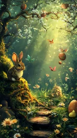 Forest rabbit observes luminous spring glade with floating eggs