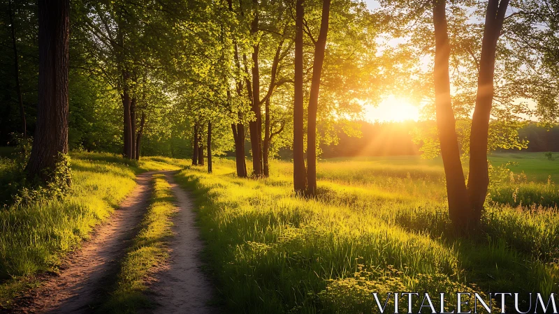 Golden sunset light spills along a tranquil forest path.