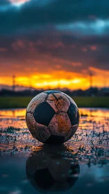 Weathered soccer ball rests in shallow water at sunset