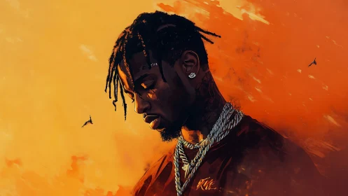 Side-lit portrait of braided man against high-saturation orange field