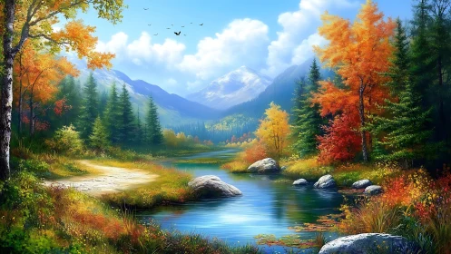 High-saturation autumn river valley with conifer forest and peaks