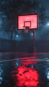 Neon rain court and the lone electric basketball hoop glow.