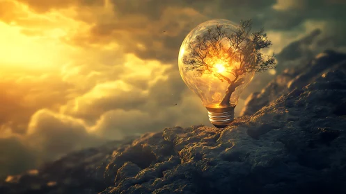 Tree in glass light bulb glows on rocky landscape at sunset