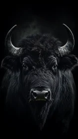 Low key frontal buffalo portrait with high contrast lighting.