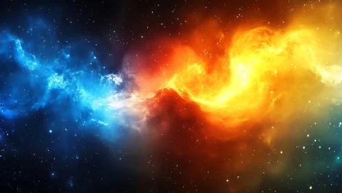 Cosmic blue and gold nebula stream across deep space.