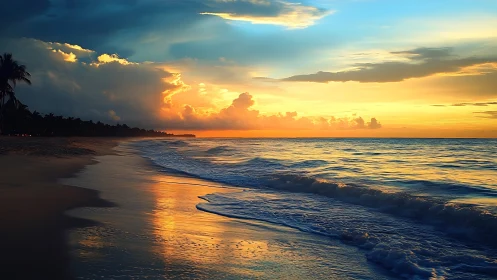 Sunlit tropical shoreline captures vivid sunset reflections