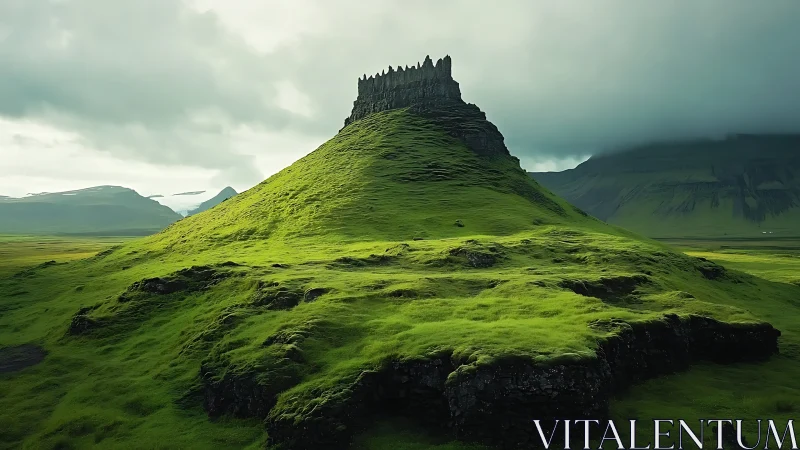Emerald hill fortress rises under brooding stormlit skies