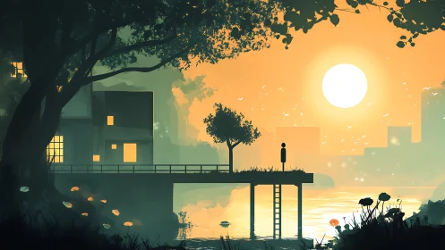 Solitary figure watches glowing sunset across tranquil river