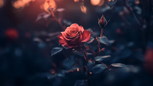 Red Rose Blooming with Bud in Twilight Garden