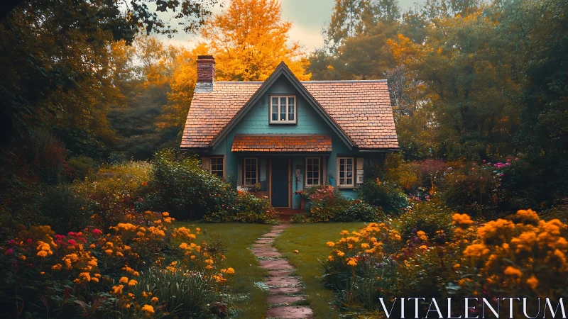 Storybook cottage amid lush autumn garden at golden hour.