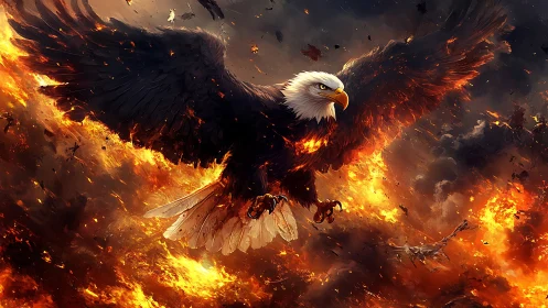 Majestic Bald Eagle Soaring Amidst Fiery Storm, Digital Art.