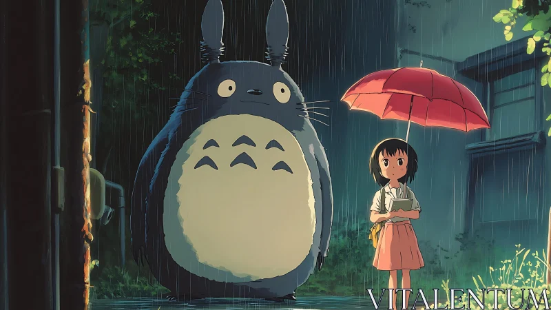 Girl with red umbrella stands beside large creature in rain
