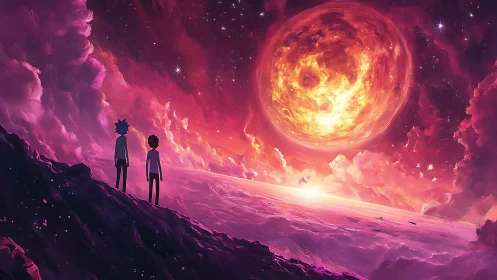 Celestial horizon with twin observers under colossal burning star.