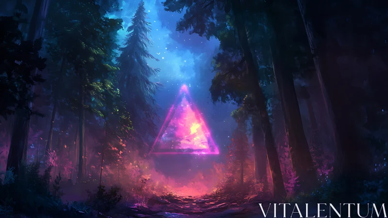 Triangular neon formation in forest clearing with atmospheric light gradient