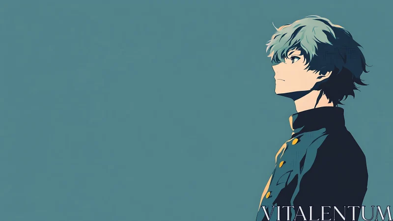 Anime boy in side profile against flat teal background