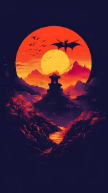 Dragon silhouettes circle temple under colossal crimson sun