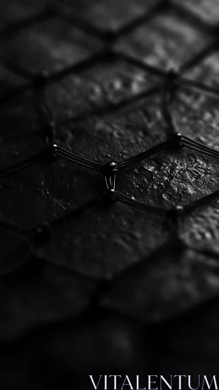 Macro closeup of dark metal chain link on rough surface.