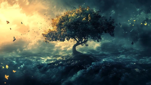 Midnight horizon tree quietly stitches day to stormy dusk