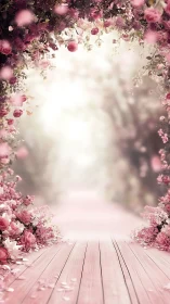 Soft-focus floral archway frames pastel wooden boardwalk perspective