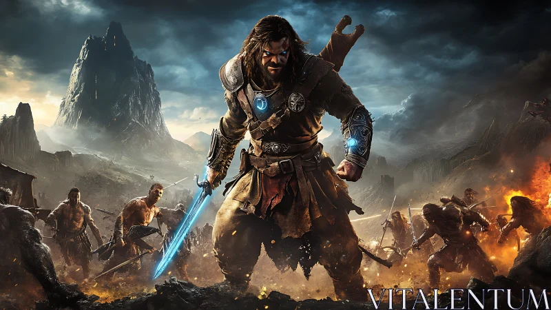 Warrior stands defiant in stormy fantasy battlefield inferno