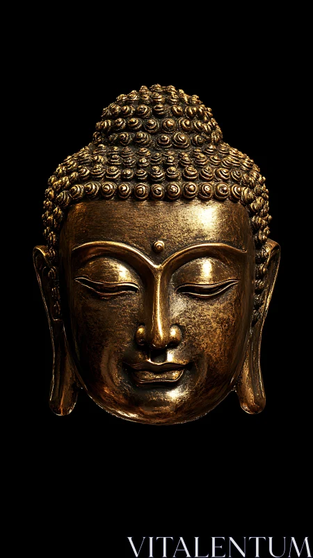 Metallic Buddha head sculpture is rendered against black