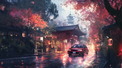 Rain-soaked Kyoto street with red car and temple gate.