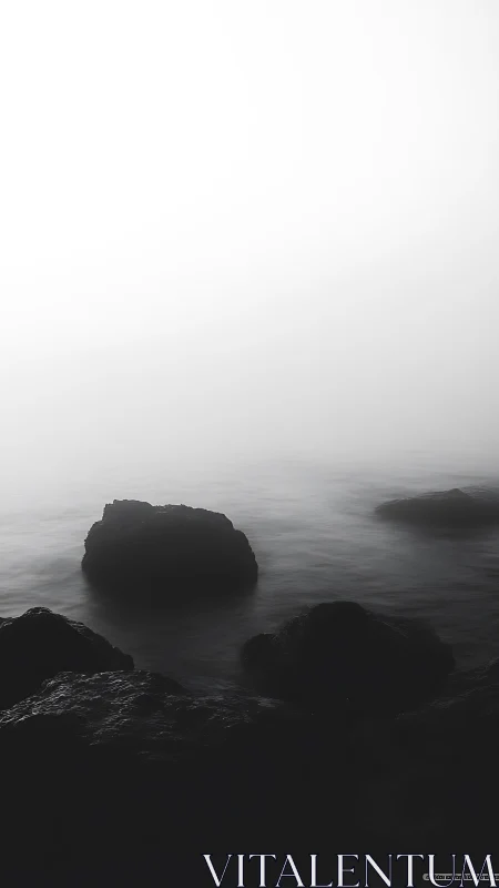 Rocky shoreline emerges through dense coastal fog bank