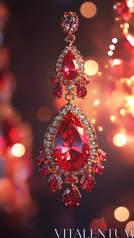 High-carat pear-cut ruby chandelier earring in warm bokeh light