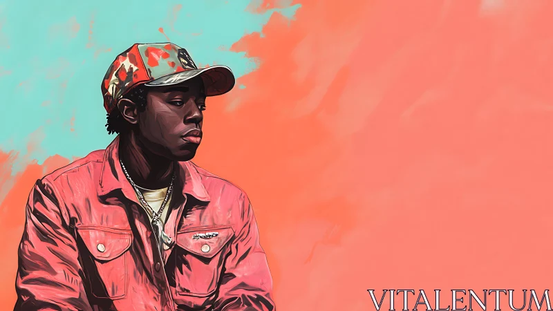 Young man in cap and jacket sits against coral background