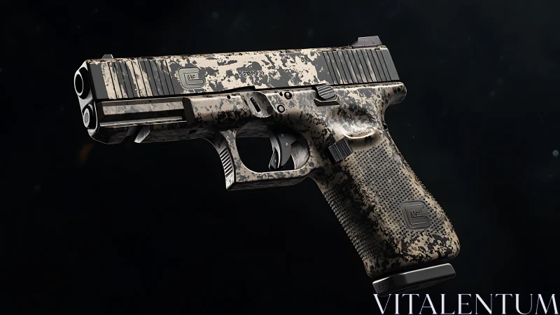 Sleek camo-detailed handgun shown in dramatic close view.